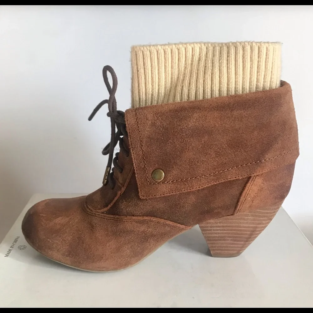 DR. SCHOLL'S BROWN SUEDE SWEATER KNIT LACE-UP ANKLE BOOT 7.5 NEW